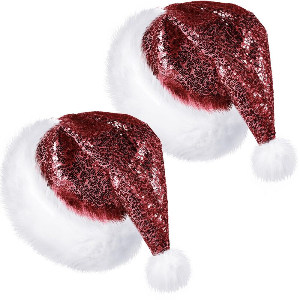 3317 2 Pcs Adult Sequin Santa Hat Unisex Christmas Hat Santa Claus Cap Xmas